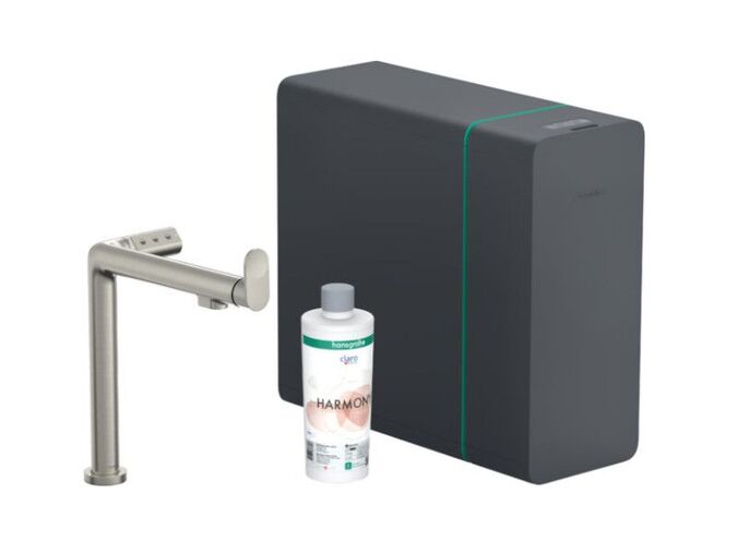 Hansgrohe Aqittura M91 Dřezová baterie, SodaSystem, sBox, vzhled nerezu