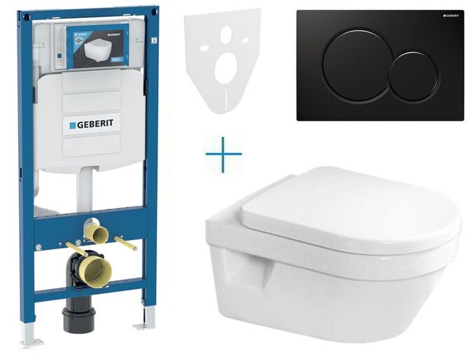 Geberit Duofix - sada pro závěsné WC 111.300.00.5 AZ + klozet a sedátko se softclose Villeroy & Boch Architectura + tlačítko Sigma01, černá