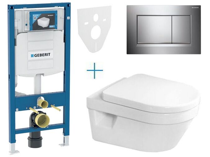 Geberit Duofix - sada pro závěsné WC 111.300.00.5 AZ + klozet a sedátko se softclose Villeroy & Boch Architectura + tlačítko Sigma30, chrom lesk/mat/lesk