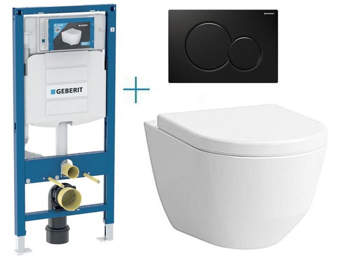 Geberit Duofix - sada pro závěsné WC 111.300.00.5 BY + rimless klozet a sedátko Laufen Pro + tlačítko Sigma01, černá