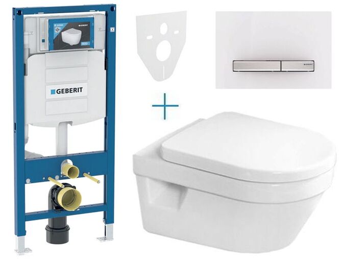 Geberit Duofix - sada pro závěsné WC 111.300.00.5 AZ + klozet a sedátko se softclose Villeroy & Boch Architectura + tlačítko Sigma50, alpská bílá/hliník kartáčovaný