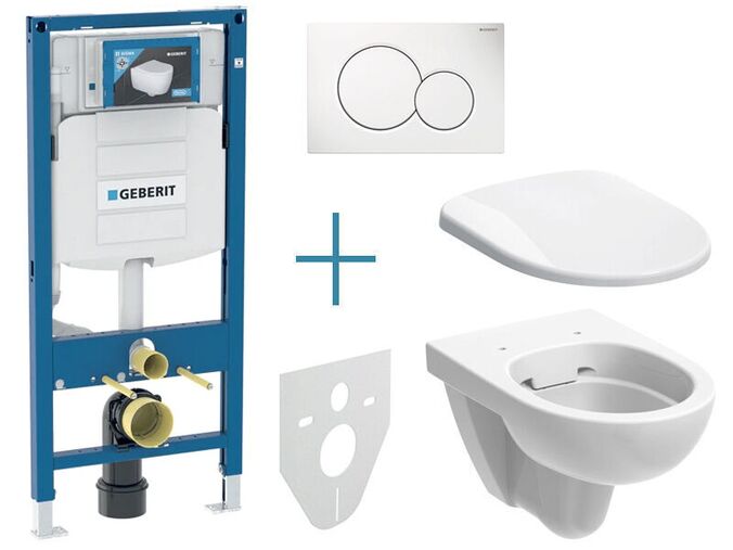 Geberit Duofix - sada pro závěsné WC 111.300.00.5 IA + rimfree klozet a sedátko Geberit Selnova + tlačítko Sigma01, alpská bílá