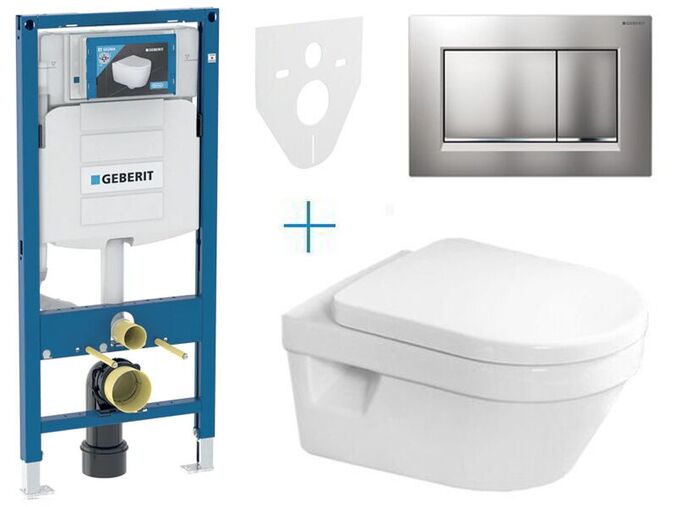 Geberit Duofix - sada pro závěsné WC 111.300.00.5 AZ + klozet a sedátko se softclose Villeroy & Boch Architectura + tlačítko Sigma30, lakovaný chrom mat easy-to-clean/chrom lesk