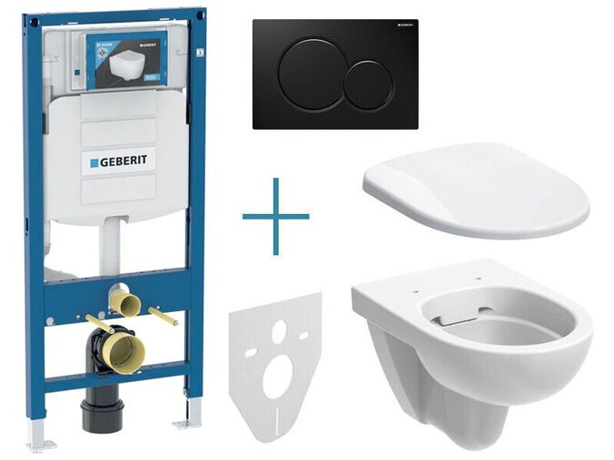 Geberit Duofix - sada pro závěsné WC 111.300.00.5 IA + rimfree klozet a sedátko Geberit Selnova + tlačítko Sigma01, černá