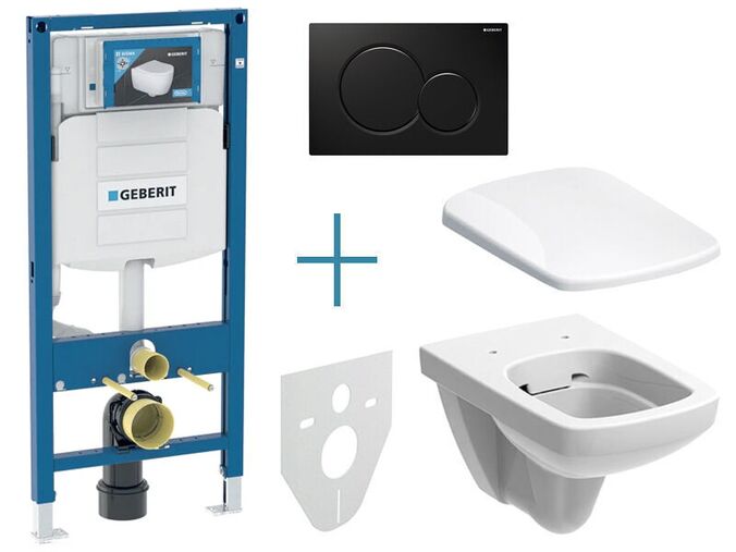 Geberit Duofix - sada pro závěsné WC 111.300.00.5 JX + rimfree klozet a sedátko Geberit Selnova Square + tlačítko Sigma01, černá