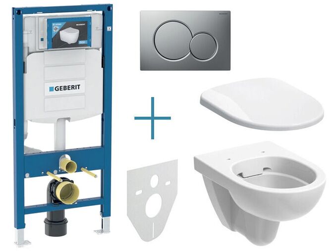 Geberit Duofix - sada pro závěsné WC 111.300.00.5 IA + rimfree klozet a sedátko Geberit Selnova + tlačítko Sigma01, lakovaný chrom mat easy-to-clean