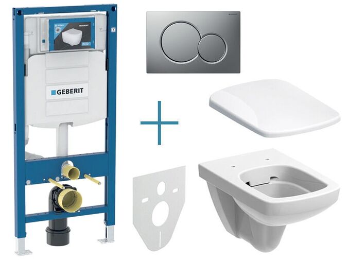 Geberit Duofix - sada pro závěsné WC 111.300.00.5 JX + rimfree klozet a sedátko Geberit Selnova Square + tlačítko Sigma01, lakovaný chrom mat easy-to-clean