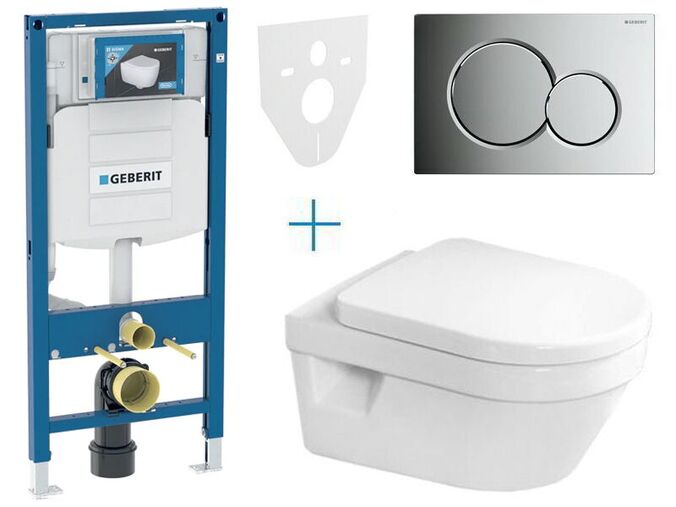 Geberit Duofix - sada pro závěsné WC 111.300.00.5 AZ + klozet a sedátko se softclose Villeroy & Boch Architectura + tlačítko Sigma01, lakovaný chrom mat easy-to-clean