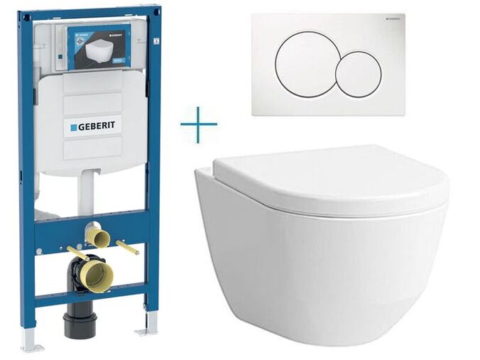 Geberit Duofix - sada pro závěsné WC 111.300.00.5 BY + rimless klozet a sedátko Laufen Pro + tlačítko Sigma01, bílá