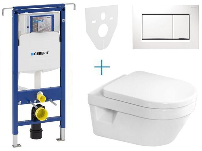 Geberit Duofix Special - sada pro závěsné WC 111.355.00.5 AZ + klozet a sedátko se softclose Villeroy & Boch Architectura + tlačítko Sigma30, bílá/chrom lesk