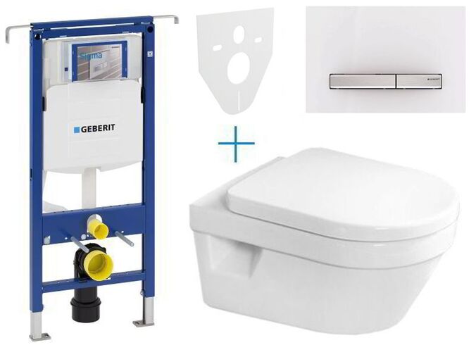 Geberit Duofix Special - sada pro závěsné WC 111.355.00.5 AZ + klozet a sedátko se softclose Villeroy & Boch Architectura + tlačítko Sigma50, alpská bílá/hliník kartáčovaný