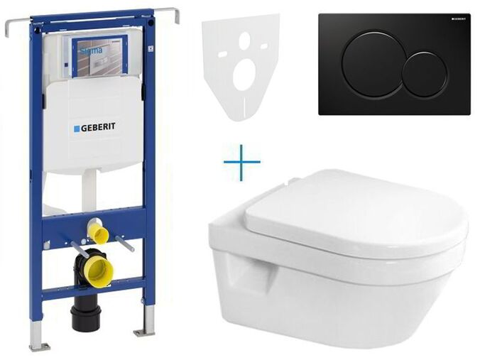 Geberit Duofix Special - sada pro závěsné WC 111.355.00.5 AZ + klozet a sedátko se softclose Villeroy & Boch Architectura + tlačítko Sigma01, černá