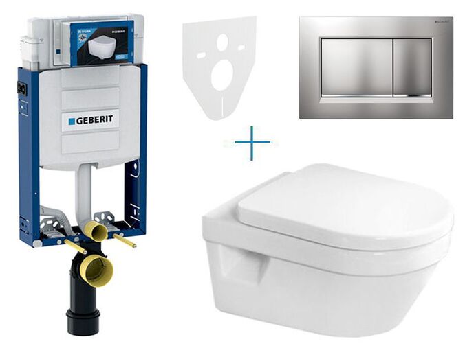 Geberit Kombifix - sada pro závěsné WC 110.302.00.5 AZ + klozet a sedátko se softclose Villeroy & Boch Architectura + tlačítko Sigma30, lakovaný chrom mat easy-to-clean/chrom lesk