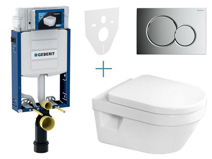 Geberit Kombifix - sada pro závěsné WC 110.302.00.5 AZ + klozet a sedátko se softclose Villeroy & Boch Architectura + tlačítko Sigma01, lakovaný chrom mat easy-to-clean