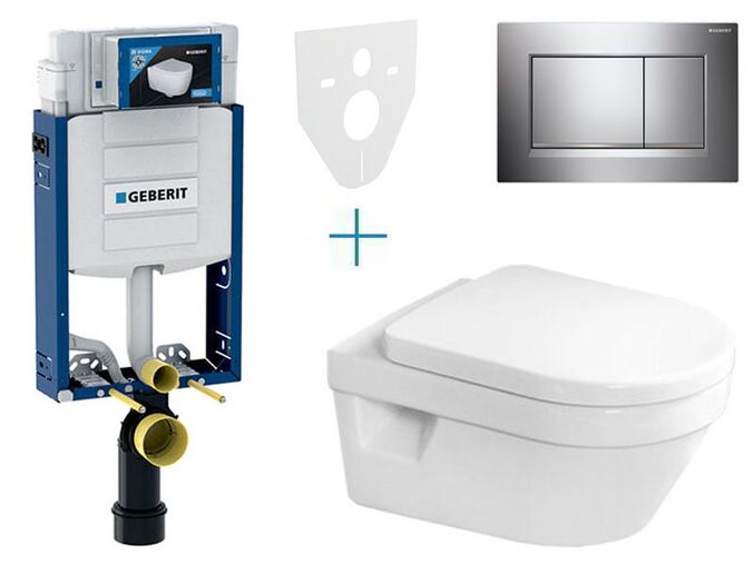 Geberit Kombifix - sada pro závěsné WC 110.302.00.5 AZ + klozet a sedátko se softclose Villeroy & Boch Architectura + tlačítko Sigma30, chrom lesk/mat/lesk