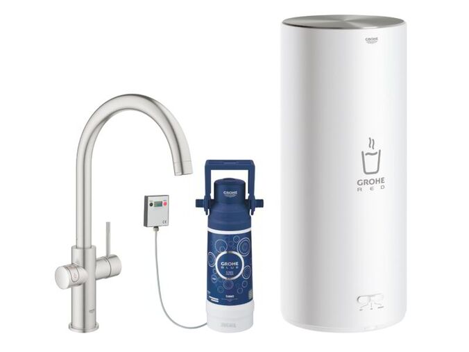 Grohe Red Dřezová baterie Duo s ohřevem vody a filtrací, zásobník L, supersteel