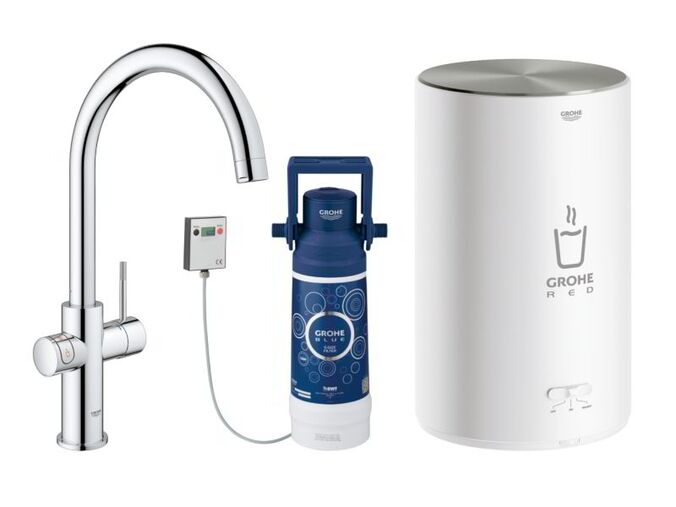 Grohe Red Dřezová baterie Duo s ohřevem vody a filtrací, zásobník M, chrom