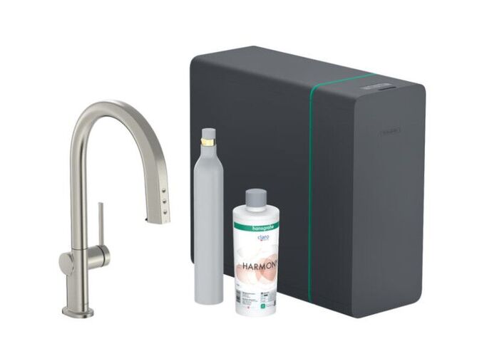 Hansgrohe Aqittura M91 Dřezová baterie s výsuvnou koncovkou, SodaSystem, sBox, vzhled nerezu