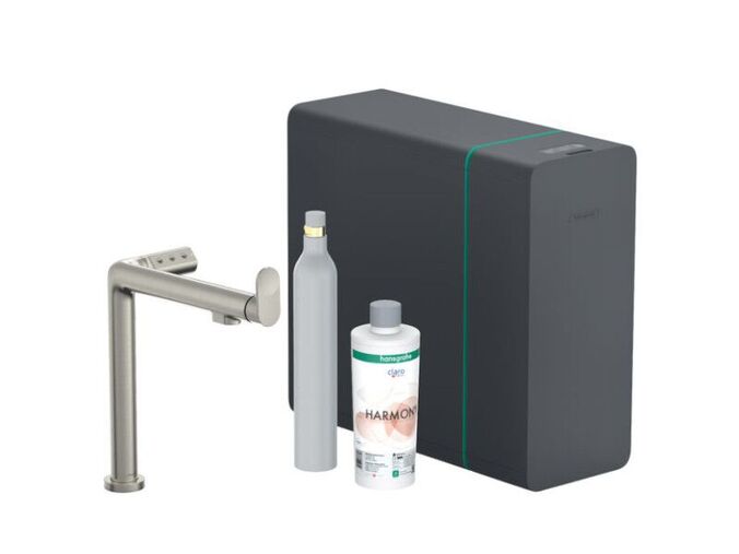 Hansgrohe Aqittura M91 Dřezová baterie, SodaSystem, sBox, vzhled nerezu