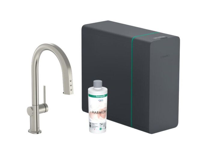 Hansgrohe Aqittura M91 Dřezová baterie s výsuvnou koncovkou, SodaSystem, sBox, vzhled nerezu