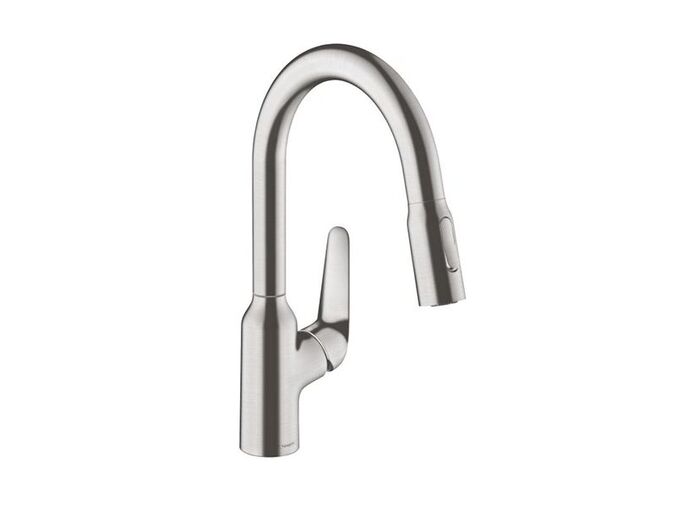 Hansgrohe Focus M42 Dřezová baterie M4216-H180 s výsuvnou sprškou, sBOX, vzhled nerezu