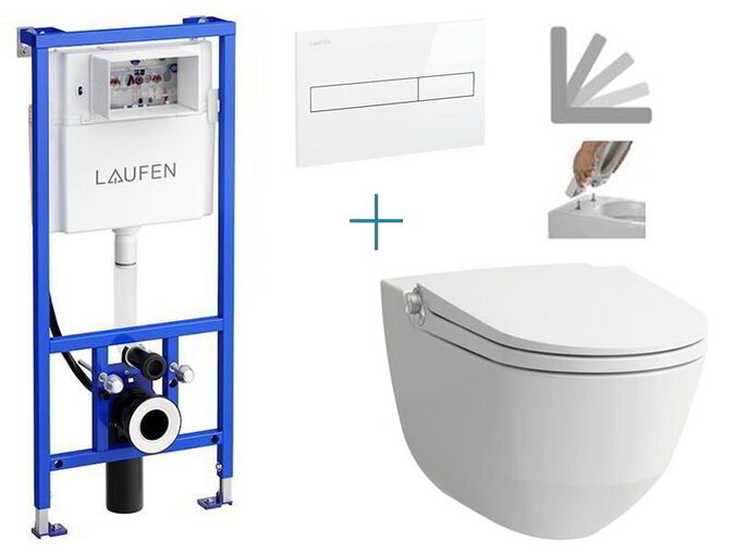 Laufen Riva - sada pro závěsné WC H8946660000001K1 + Cleanet Riva rimless klozet s bidetovou sprškou, sedátkem a poklopem + tlačítko Dual Flush, bílé