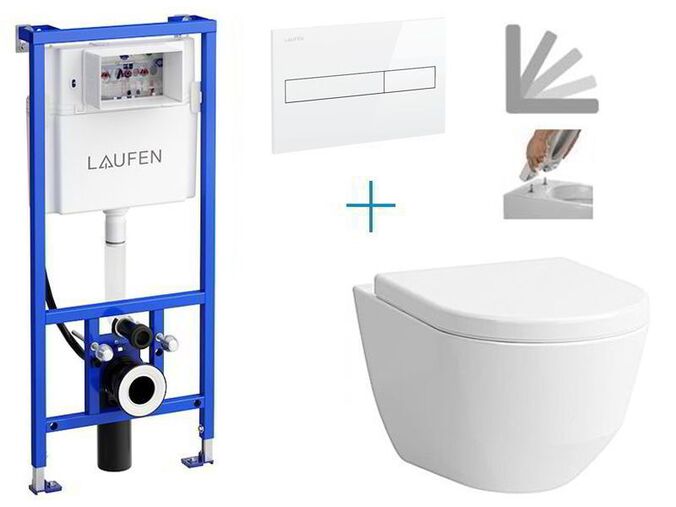 Laufen Navia- sada pro závěsné WC H8946660000001G1 + Cleanet Navia rimless klozet s bidetovou sprškou, sedátkem a poklopem + tlačítko Dual Flush, bílé