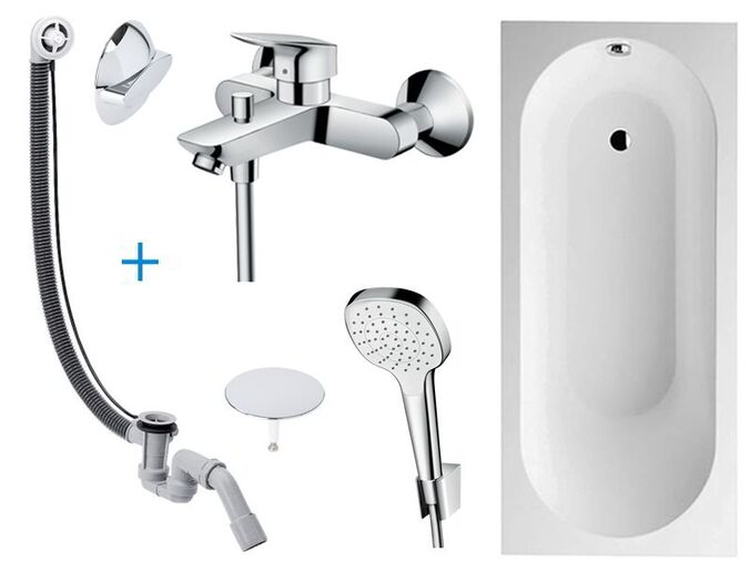 Koupelnový set – Villeroy & Boch Oberon obdélníková vana 180x80 cm, bílá + Hansgrohe Logis vanová baterie + sprchová souprava 1jet + odpadová a přepadová souprava