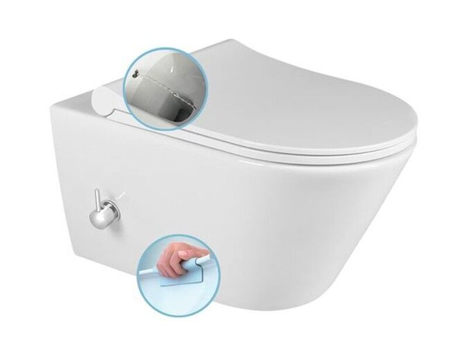 Sapho AVVA CLEANWASH závěsná WC mísa, integrovaná baterie a bidet. sprška, Rimless, 35,5x53cm, bílá