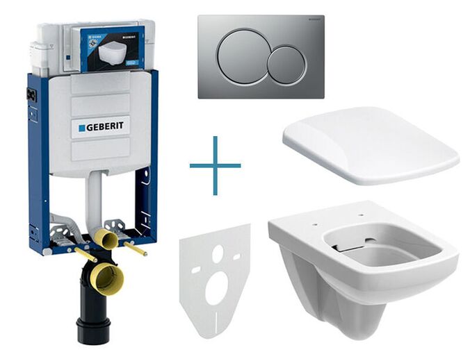 Geberit Kombifix - sada pro závěsné WC 110.302.00.5 JX + rimfree klozet a sedátko Geberit Selnova Square + tlačítko Sigma01, lakovaný chrom mat easy-to-clean