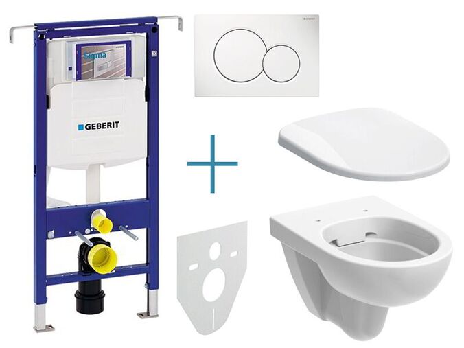 Geberit Duofix Special - sada pro závěsné WC 111.355.00.5 IA + rimfree klozet a sedátko Geberit Selnova + tlačítko Sigma01, alpská bílá