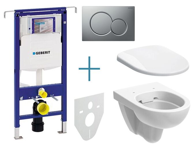 Geberit Duofix Special - sada pro závěsné WC 111.355.00.5 IA + rimfree klozet a sedátko Geberit Selnova + tlačítko Sigma01, lakovaný chrom mat easy-to-clean