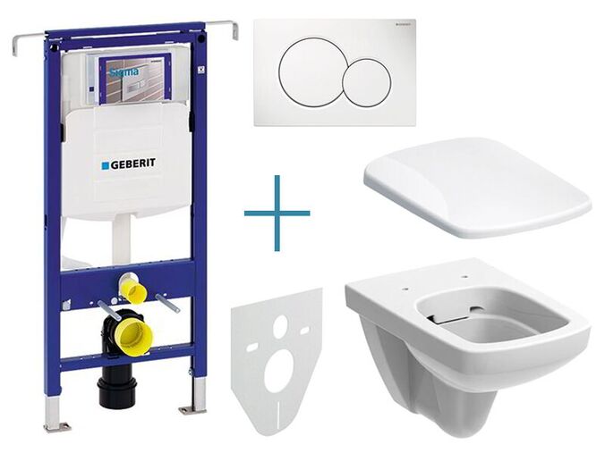 Geberit Duofix Special - sada pro závěsné WC 111.355.00.5 JX + rimfree klozet a sedátko Geberit Selnova Square + tlačítko Sigma01, alpská bílá