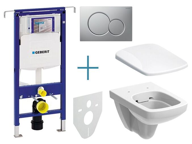 Geberit Duofix Special - sada pro závěsné WC 111.355.00.5 JX + rimfree klozet a sedátko Geberit Selnova Square + tlačítko Sigma01, lakovaný chrom mat easy-to-clean