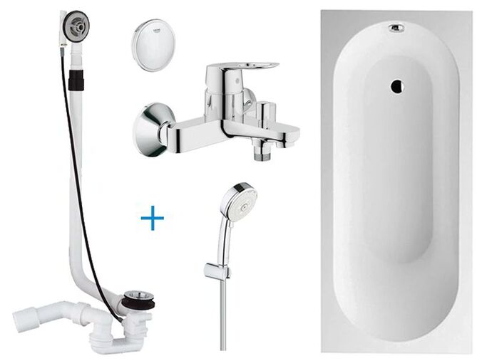 Koupelnový set – Villeroy & Boch Oberon obdélníková vana 180x80 cm, bílá + Grohe BauLoop vanová baterie + sprchová souprava 3jet + odpadová a přepadová souprava